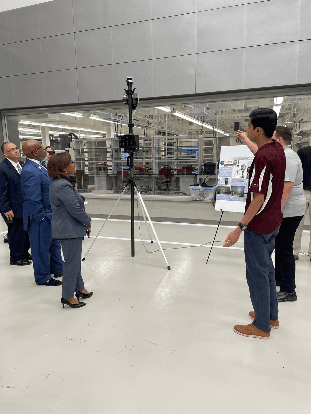 Johnson Director Vanessa Wyche and the student teams review the Wizard Staff project at Texas A&M University (TAMU) in March 2022. Credits: Michael Evans/NASA 